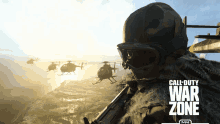 a call of duty war zone poster with a soldier flying helicopters