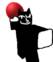 a black cat is holding a red ball on its head .