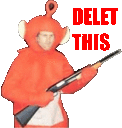 a man in a red teletubbies costume is holding a gun and says delete this .