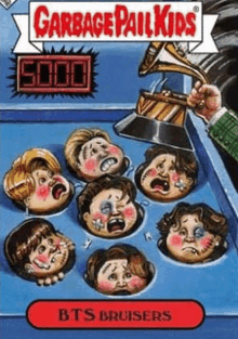 garbage pail kids bts bruisers is a cartoon of a group of people holding a grammy award .