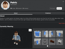 a screenshot of patric 's roblox account showing his currently wearing clothes