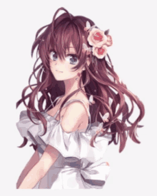 a girl with a flower in her hair and a white dress