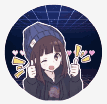 a cartoon girl wearing a beanie and a hoodie giving a thumbs up