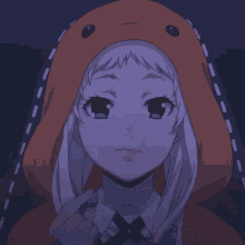 a girl with white hair wearing an orange hoodie