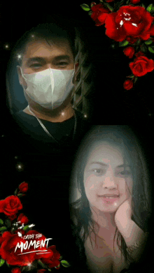 a man wearing a mask is next to a woman with red roses