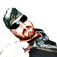 a man with a beard wearing sunglasses and a bandana is holding a chain around his neck