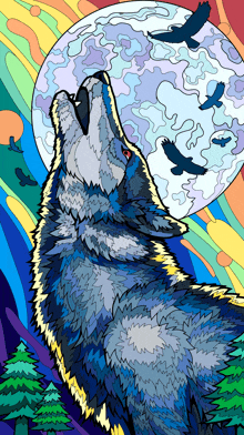 a colorful drawing of a wolf howling at the full moon