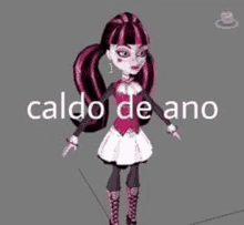 draculaura from monster high is standing in front of a gray background with the words caldo de ano written on it .