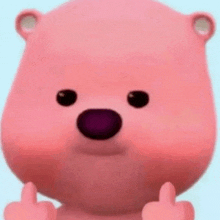 a pink teddy bear is giving the middle finger to the camera .