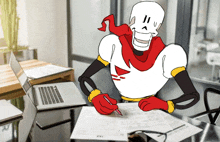 a drawing of papyrus sitting at a table with a laptop