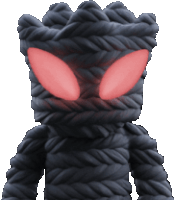 a rope monster with red eyes and a crown on its head