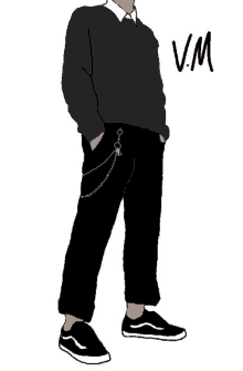 a drawing of a man wearing a black sweater and black pants with chains on the pants .