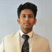 a man in a suit and tie stands in front of a blind