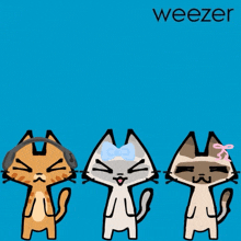 three cartoon cats are standing next to each other on a blue background with the word weezer above them