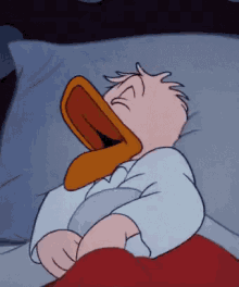 donald duck is yawning while laying in bed with his mouth open .