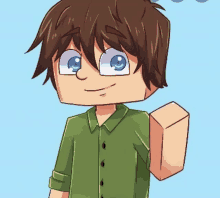 a cartoon boy with brown hair and blue eyes giving a thumbs up