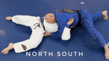 two men are wrestling on a blue mat and the words north south are on the bottom