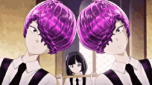 a couple of anime characters with purple hair are standing next to each other in front of a mirror .