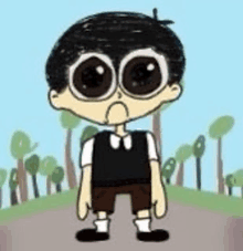 a cartoon boy with big eyes is standing on a sidewalk in a park .