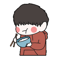 a cartoon of a boy eating rice with chopsticks