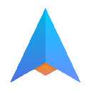 a blue and orange triangle on a white background that looks like an airplane