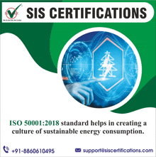 an advertisement for sis certifications shows a hand pointing at a tree on a screen