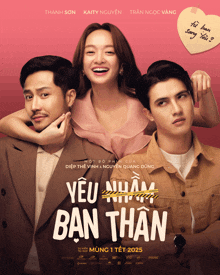 a movie poster for yêu nham ban than shows a woman and two men