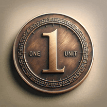 a bronze coin with the number one and unit on it