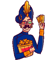 a man in a turban is holding a bucket of popcorn