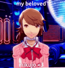 a girl in a pink sweater with a red bow and the words my beloved mikujo < 3 on the bottom