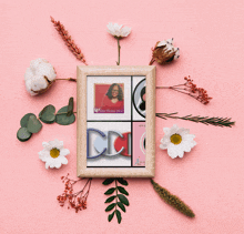 a framed picture of a woman surrounded by flowers and leaves with the letters ccd on it