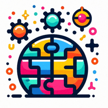 a cartoon illustration of a colorful puzzle with gears around it