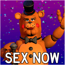 a teddy bear with a top hat and bow tie holds a microphone with the words sex now below it