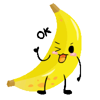 a cartoon illustration of a banana giving a thumbs up with the word ok below it