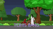 a cartoon of a man riding a motorcycle next to a woman with the words " terus bang " on the bottom