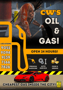 an advertisement for cw 's oil and gas shows a man with a tattoo on his arm