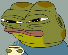 a cartoon frog holding a cup of coffee with steam coming out of it