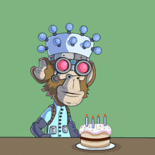 a cartoon of a monkey blowing out candles from a cake