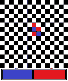 a black and white checkered background with a red and blue square in the middle .