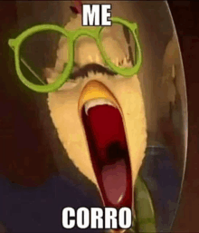 a cartoon bird wearing green glasses is screaming with its mouth open .