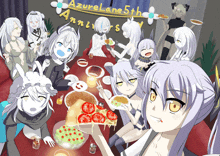 a group of anime characters are gathered around a table with food and a sign that says azure lane 5th anniversary