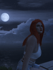 a woman with red hair looks at the full moon