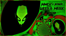 a poster for madcat 's private weed & music lounge with an alien on it