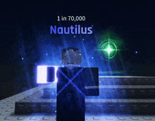 a video game character named nautilus is standing in a dark room