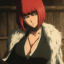 a woman with red hair and a fur coat on