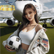 a woman holding a soccer ball in front of an airplane that says museum bola on it