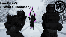 a poster for lambda-5 white rabbits shows three soldiers standing in the snow