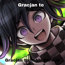 a picture of a girl with purple eyes and the words gracian to gracianto nobbi horsiar on the bottom