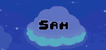 the word sam is on a blue background