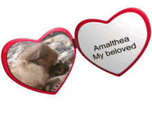 a heart shaped mirror with the words amalthea my beloved written on it